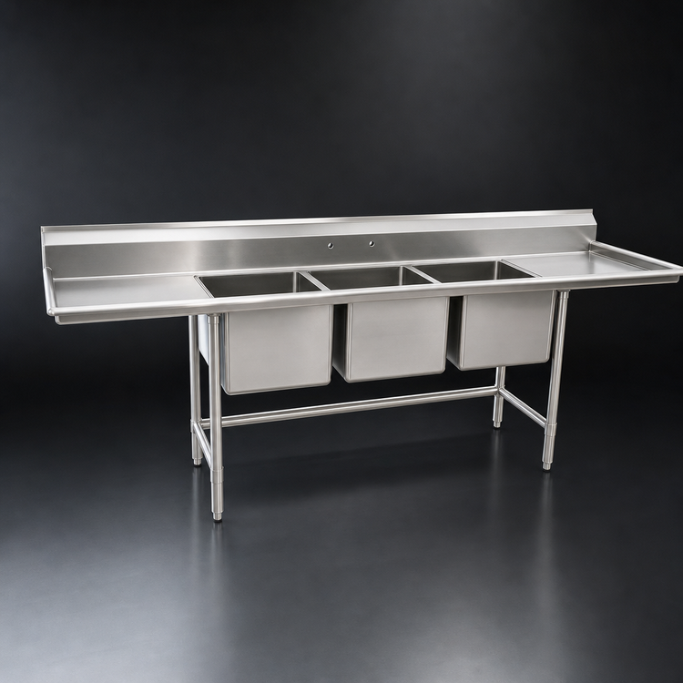 Product image #3 for Eagle Group S16 Series 3-Compartment 304 Stainless Steel Sink with Dual Drainboards, 115 Inch Wide