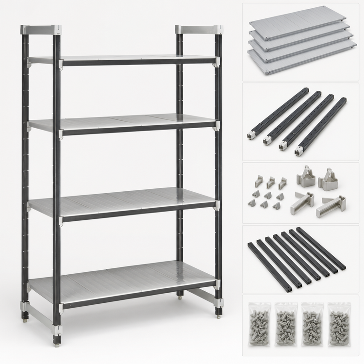 Product image #3 for Cambro Camshelving Elements XTRA 4-Tier Solid Stationary Starter Unit, 18 x 60 x 72 Inches, Speckled Gray