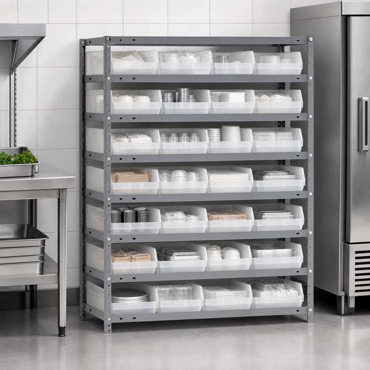 Product image #3 for Quantum Heavy-Duty Stationary Wire Shelving Unit with 7 Shelves and 24 Clear Bins, 36"W x 12"D x 39"H