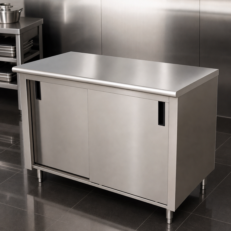 Product image #3 for Advance Tabco Special Value Enclosed Work Table with Cabinet Base, Mid-Shelf and Sliding Doors, 84 x 24 Inches, 16-Gauge 304 Stainless Steel Top