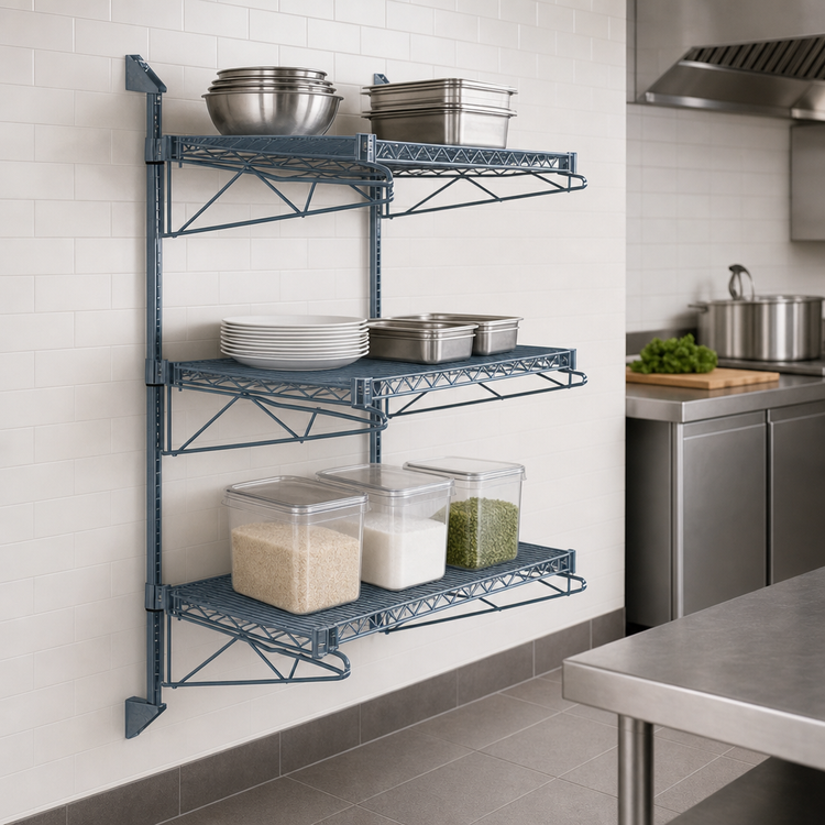 Product image #3 for Cantilever Wall-Mounted Wire Shelving Starter Unit with 3 Shelves, 54-Inch Posts, Gray Epoxy Finish