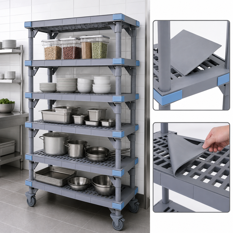 Product image #3 for Millenia Mobile Polymer Starter Shelving Unit with 5 Open Grid Shelves, 60 x 24 x 74 Inches, Gray