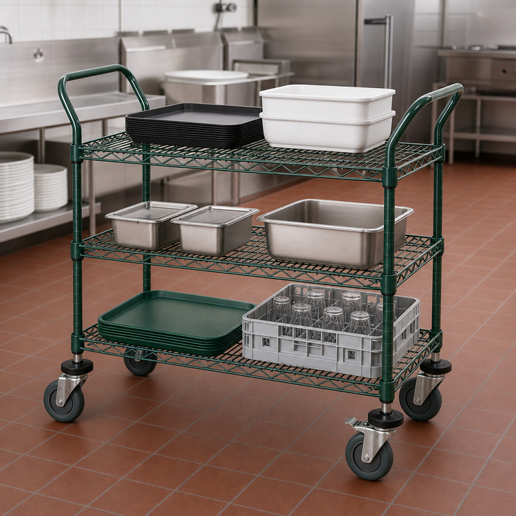 Product image #3 for Quantum WRC-2442P-3 3-Shelf Wire Utility Cart, 42 x 24 x 37-1/2 In., Green Epoxy Antimicrobial Finish
