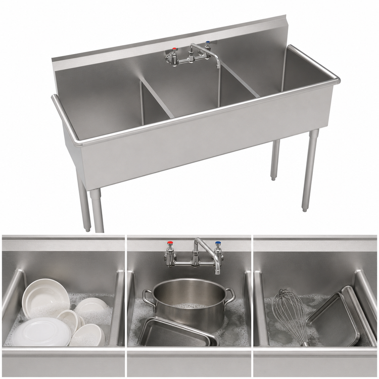 Product image #3 for Krowne Royal Series 3-Compartment Basin Sink, 57"W x 21-1/2"D, 18-Gauge 304 Stainless Steel, with Splash-Mount Faucet