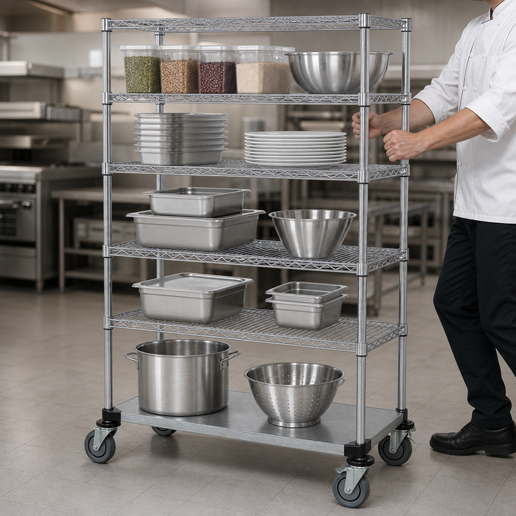 Product image #3 for Quantum Mobile Wire Shelving Cart with 5 Shelves, Chrome Plated Finish, 48 x 18 x 80 Inches