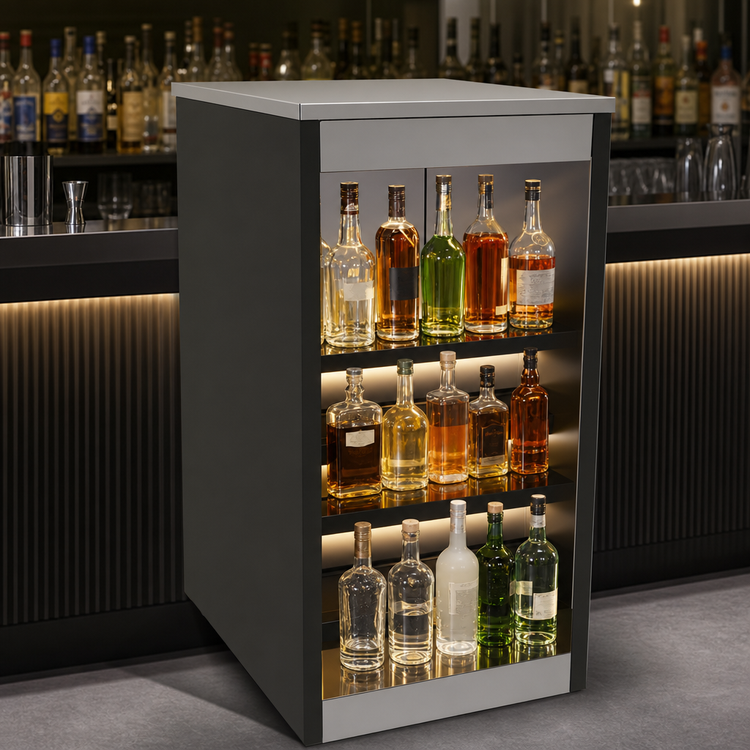 Product image #3 for Glastender 18-Inch Wide Open Front Back Bar Liquor Display Cabinet with 3 Steps and LED Lighting