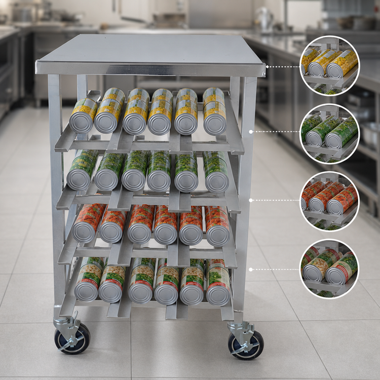 Product image #3 for Omcan USA Mobile Stainless Steel Can Rack with Table Top, 4 Layers, 12 Rows, and 5-Inch Casters