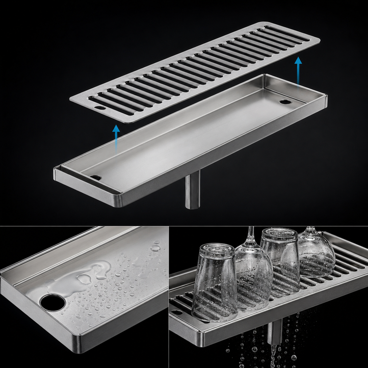 Product image #3 for Perlick 5000 Series Surface-Mount Stainless Steel Drip Tray Trough with Removable Louvered Glass Rack and 1/2-Inch Drain
