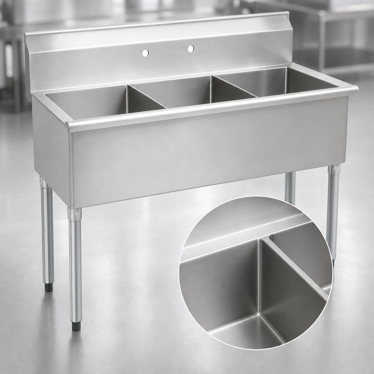 Product image #3 for Eagle Group 49-3/8 Inch 3-Compartment Utility Sink, 16 Gauge 304 Stainless Steel, No Drainboards, Square Corner