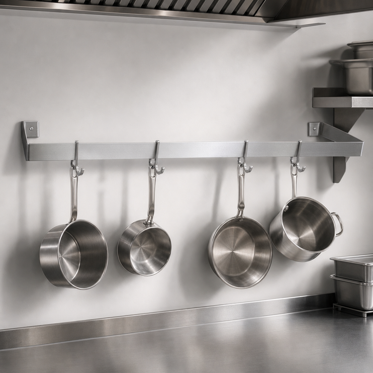 Product image #3 for John Boos Wall-Mount Stainless Steel Single-Bar Pot Rack with 6 Double Hooks