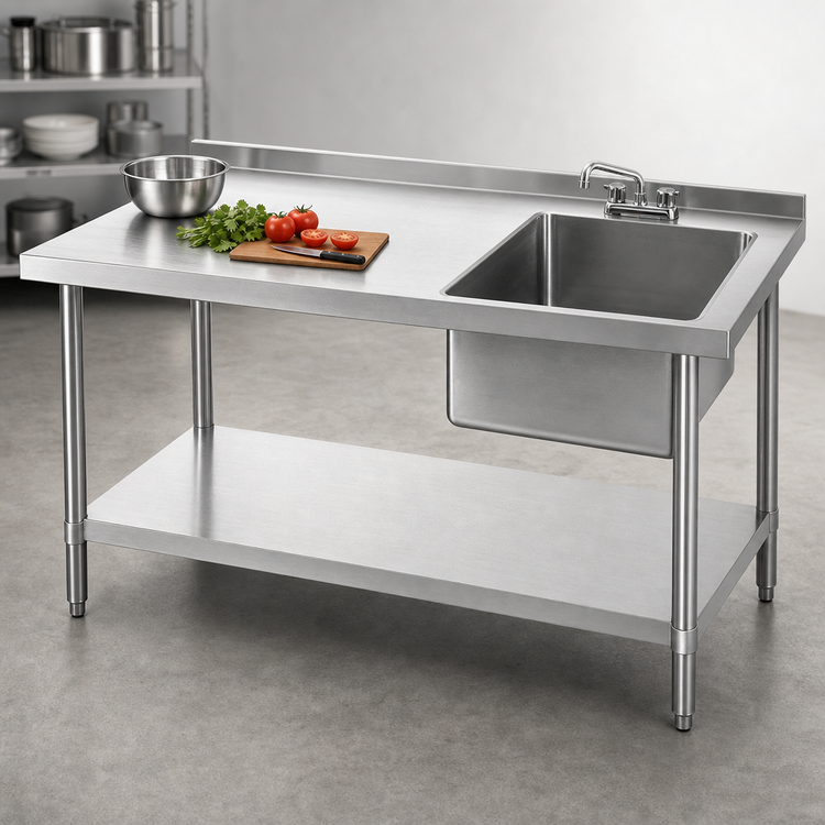Product image #3 for 84 Inch x 30 Inch Stainless Steel Work Table with Right-Side Prep Sink