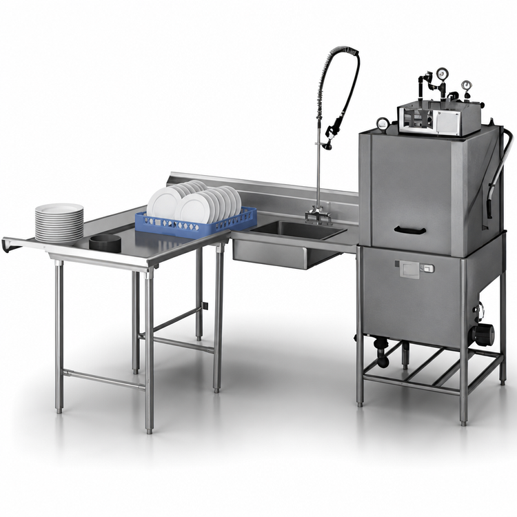 Product image #3 for Eagle Group Island Soiled Dishtable with Dish Landing Shelf and Pre-Rinse Sink, Left-to-Right, 108-Inch Machine-to-Corner