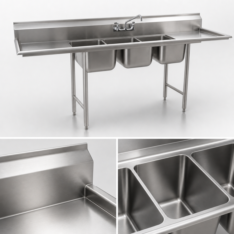Product image #3 for 412 Series 3-Compartment Stainless Steel Sink with Right-Hand Drainboard, 80-3/8" W x 27-1/2" D