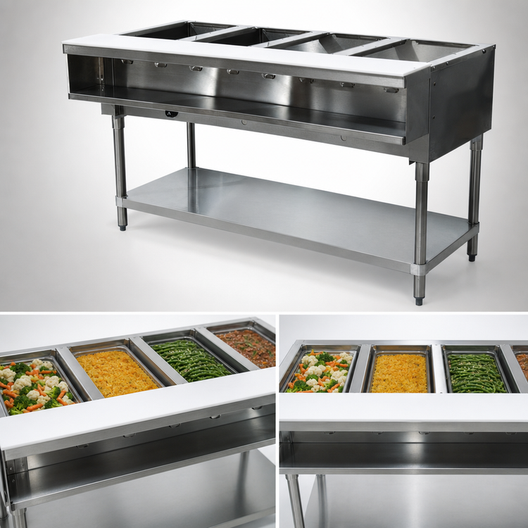 Product image #3 for Advance Tabco Triumph (Supreme) 4-Well Propane Gas Water Bath Hot Food Table with Cutting Board and Undershelf