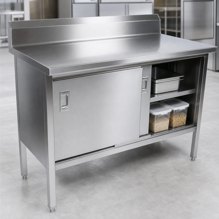 Product image #3 for John Boos 84-Inch x 24-Inch Enclosed Work Table with Sliding Doors, 14-Gauge 300-Series Stainless Steel Top, 5-Inch Backsplash