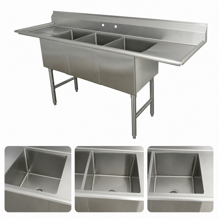 Product image #3 for Advance Tabco Special Value Series 3-Compartment Fabricated Sink with Left and Right Drainboards, 24 x 24 x 14 Inch Bowls