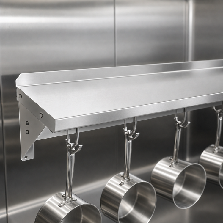 Product image #3 for John Boos Stallion 48-Inch Wall-Mount Stainless Steel Shelf with Pot Rack, 14 Gauge