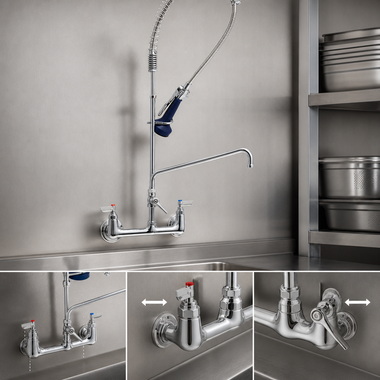Product image #3 for T&S Brass EasyInstall 8-Inch Wall Mount Pre-Rinse Unit with Add-On Faucet, 10-Inch Swing Nozzle, and 0.65 GPM Spray Valve