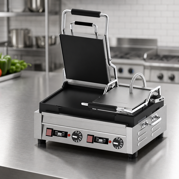 Product image #3 for Omcan Commercial Countertop Double Panini Grill with Timer, 10 x 18-Inch Smooth Cast Iron Plates, 220V