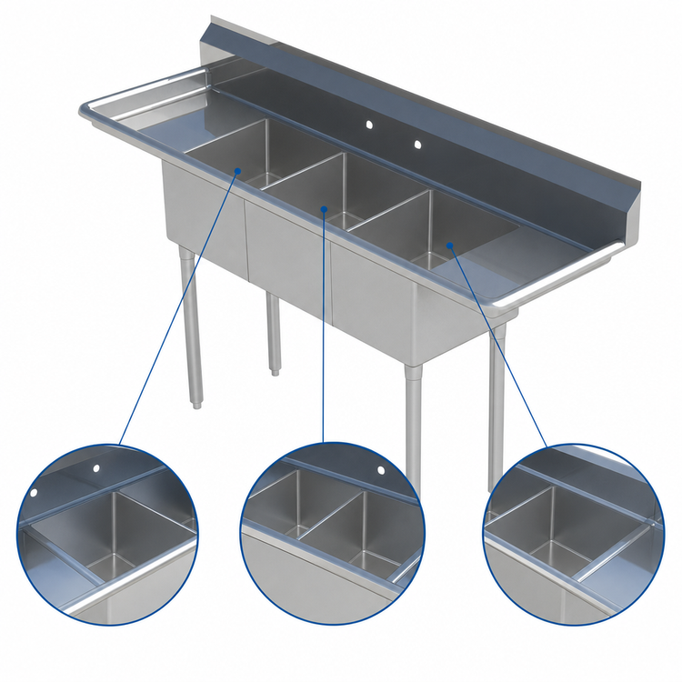 Product image #3 for Sapphire Manufacturing 75-Inch 3-Compartment Commercial Sink with Dual Drainboards and 9-3/4-Inch Backsplash