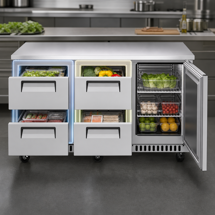 Product image #4 for Turbo Air Super Deluxe Three-Section Undercounter Refrigerator with Door and Drawers, Front Breathing, 17.6 Cu. Ft.