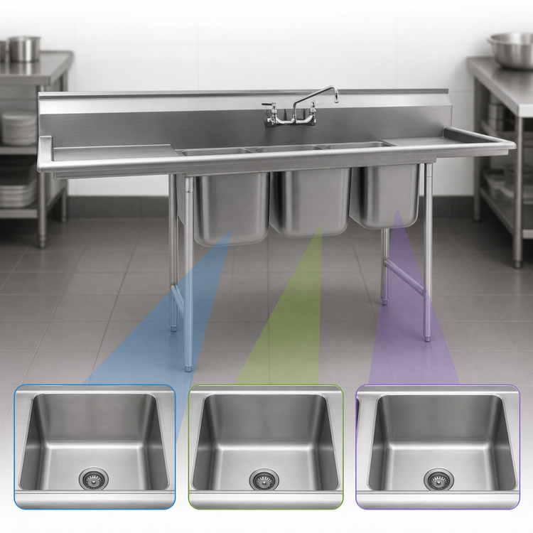 Product image #3 for Eagle Group 314 Series Three-Compartment Stainless Steel Sink with Left Drainboard, 104-3/4-Inch Wide