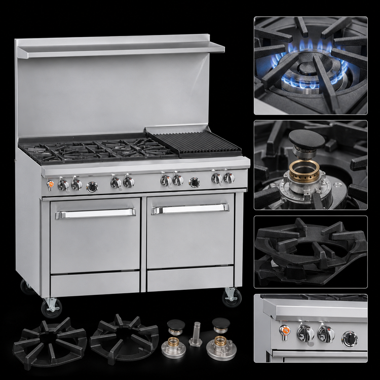 Product image #3 for Southbend Ultimate 48-Inch Gas Restaurant Range with 4 Open Burners, 24-Inch Charbroiler, Convection Oven, and Cabinet Base