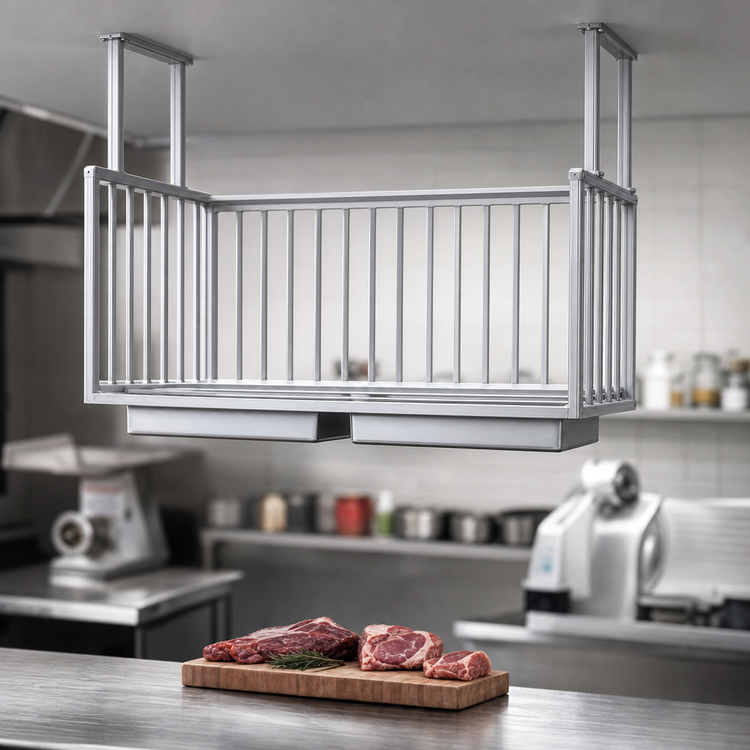 Product image #3 for John Boos Ceiling-Mount Aluminum Meat Boat Rack with Paper Tray, 96 x 20 Inches