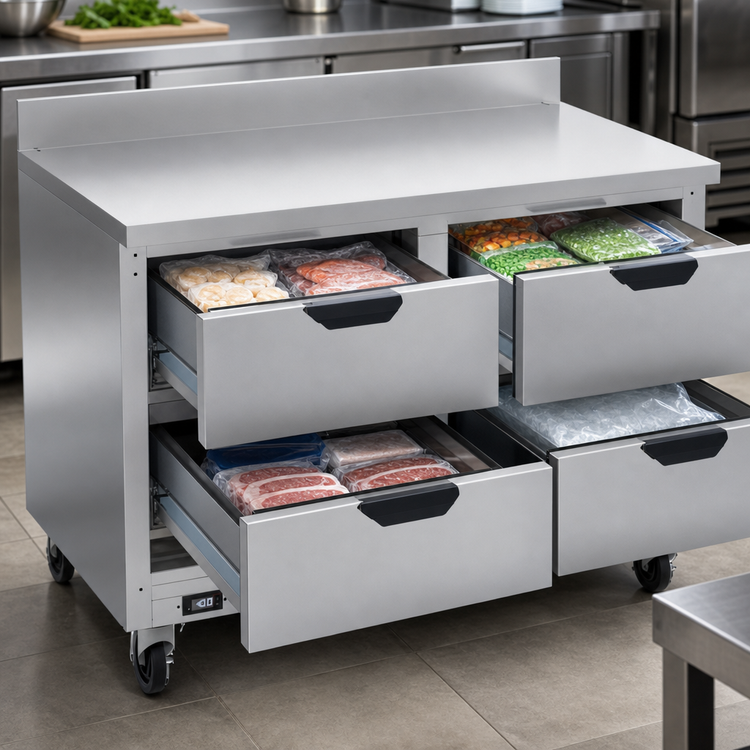 Product image #3 for Beverage-Air 48-Inch Two-Section Worktop Freezer with 4 Drawers, Stainless Steel Front, Rear-Mounted Self-Contained Refrigeration