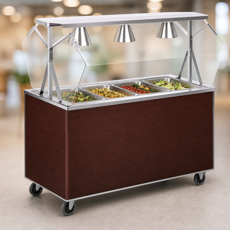 Product image #3 for Vollrath 2-Series Affordable Portable 4-Pan Non-Refrigerated Mobile Cold Food Station with Buffet Breath Guard, Lights, and Cherry Woodgrain Solid Base, 60 Inch