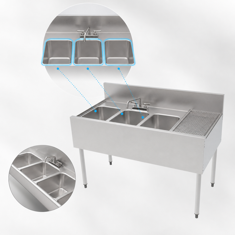 Product image #3 for Top Shelf TSF Series 48-Inch 3-Compartment Underbar Multi-Tank Sink with Right Drainboard