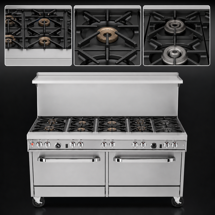 Product image #3 for Ultimate 60-Inch Commercial Gas Restaurant Range with 9 Open Burners, Convection Oven and Cabinet Base
