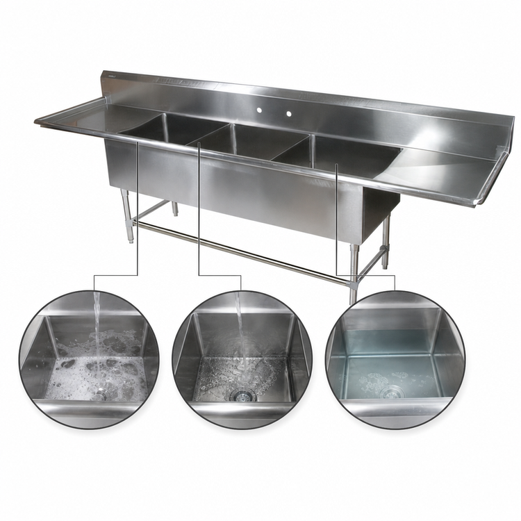 Product image #3 for John Boos Pro-Bowl 3-Compartment Stainless Steel Sink with Left and Right Drainboards and 10-Inch Backsplash