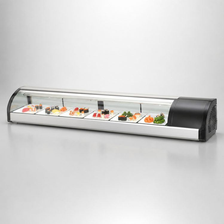 Product image #3 for Everest Refrigeration Countertop Curved Glass Sushi Case with 4 Rear Sliding Glass Doors, Right-Mounted Self-Contained Refrigeration, 82-5/8 Inch, 3.0 Cu. Ft.