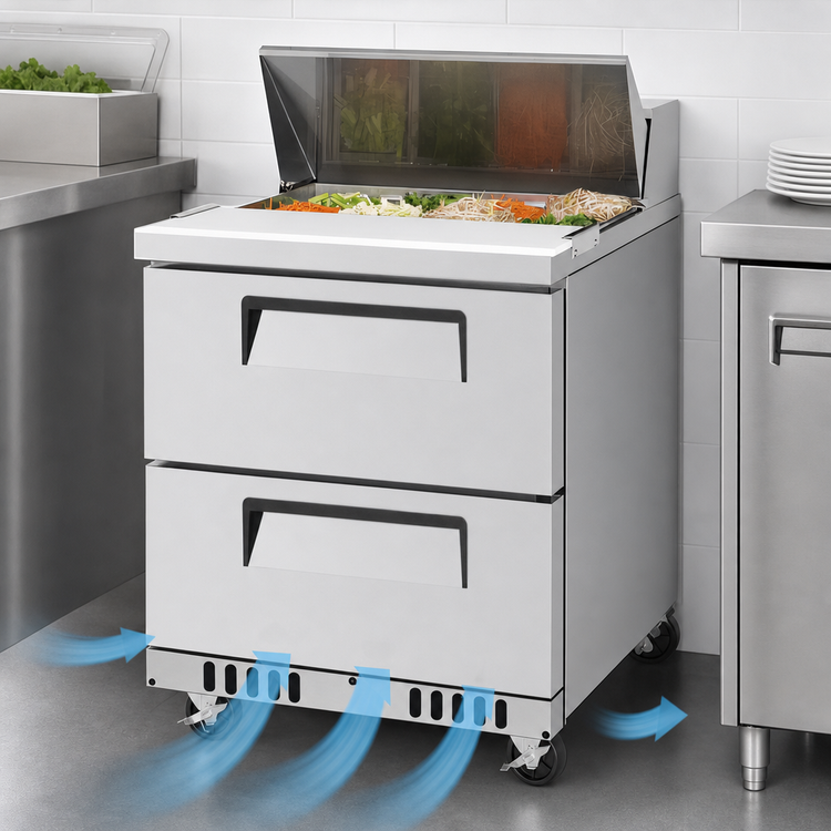Product image #3 for Turbo Air Super Deluxe 27-1/2-Inch Front Breathing One-Section Sandwich/Salad Prep Table with 2 Drawers and 8 Sixth-Size Pan Top