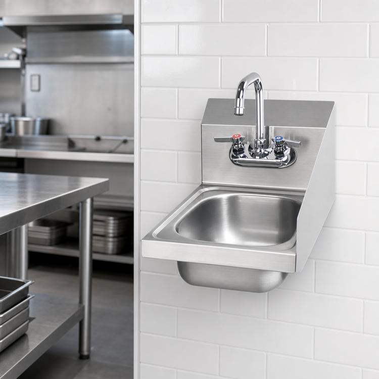 Product image #3 for Krowne 12-Inch Wall-Mount Space Saver Stainless Steel Hand Sink with Right Side Splash and Faucet