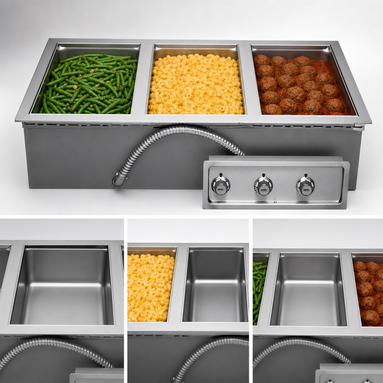 Product image #3 for APW Wyott Heavy-Duty Three-Well Drop-In Electric Hot Food Well for 12 x 20 Pans, Wet or Dry, with Drain