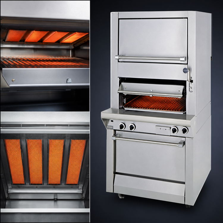 Product image #3 for Garland Master Series Heavy-Duty Upright Gas Broiler with Single Infrared Deck, Upper Warming Oven, and Storage Cabinet Base
