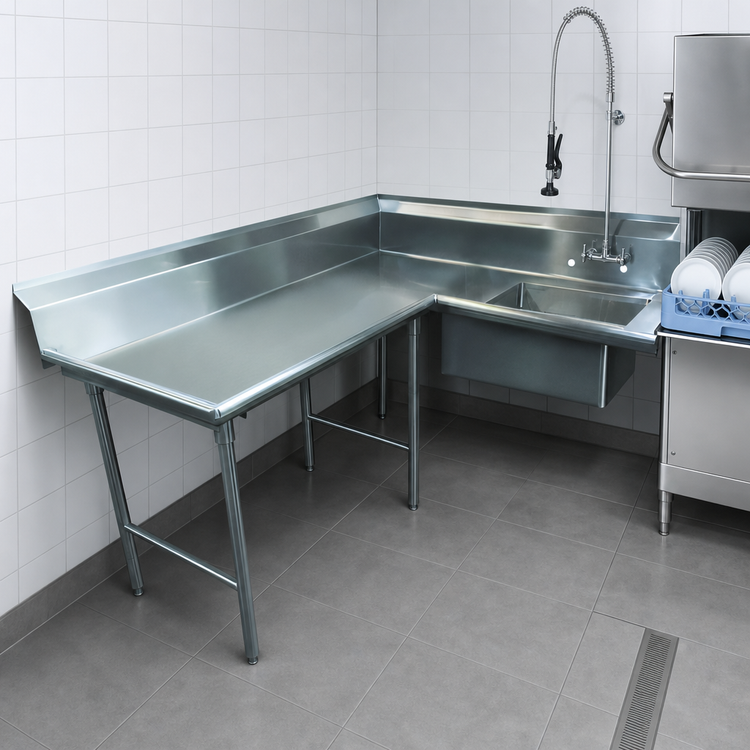 Product image #3 for Advance Tabco Korner-Soil L-Shaped Left-Hand Dish Table with Pre-Rinse Sink, 143-Inch Long, 16-Gauge 304 Stainless Steel