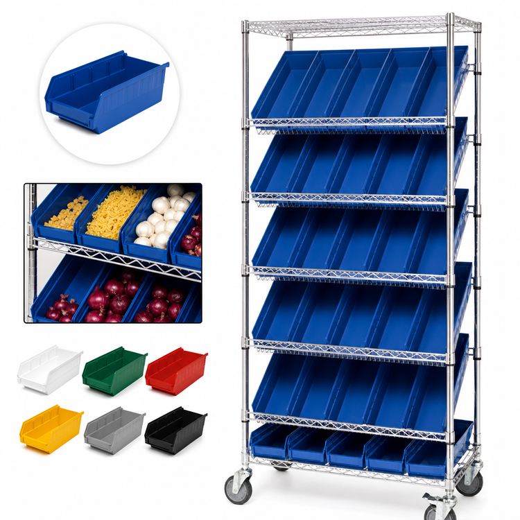Product image #3 for Quantum Mobile Wire Shelving Bin Storage System with 30 Bins and Swivel Casters, Chrome-Plated