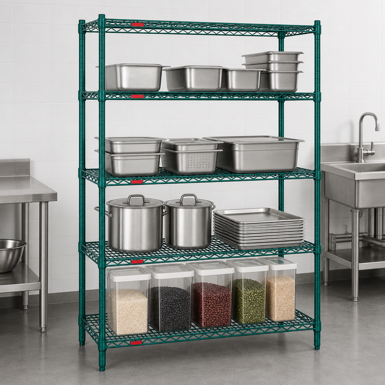 Product image #3 for Eagle Group Valu-Gard Stationary 4-Tier Wire Starter Shelving Unit, 72W x 21D x 74H, Green Epoxy Finish