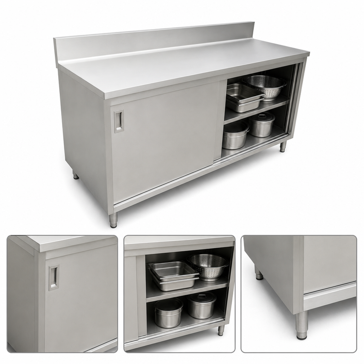 Product image #3 for 72 Inch x 24 Inch Stainless Steel Enclosed Work Table with Cabinet Base, Sliding Doors, and 6 Inch Backsplash