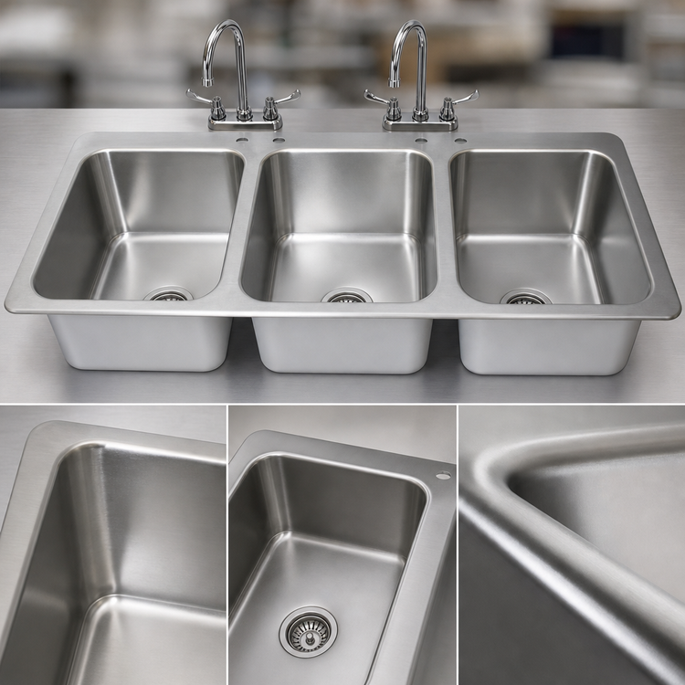 Product image #3 for BK Resources Deep Drawn 3-Compartment Drop-In Sink with 2 Lead-Free Faucets and 3 Basket Drains