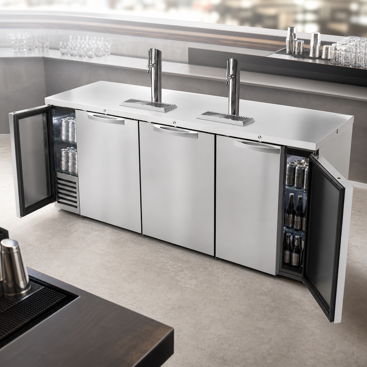 Product image #3 for True Premier Bar 84-Inch Three-Section Pass-Thru Refrigerated Draft Bar Cooler with 2 Beer Columns