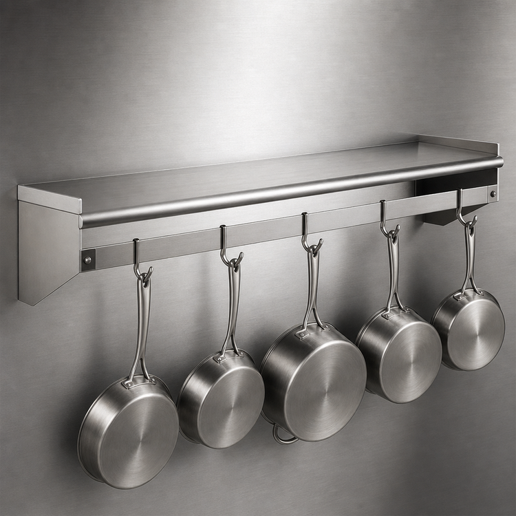 Product image #3 for Eagle Group 72 Inch x 12 Inch Wall-Mounted Stainless Steel Pot Rack Shelf with 6 Removable Hooks