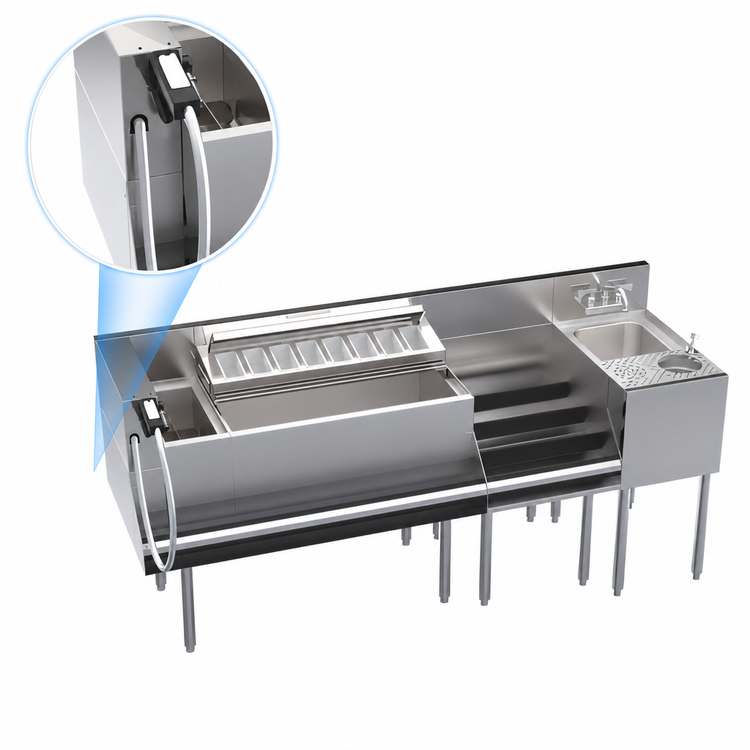 Product image #3 for Krowne Royal Series 74-Inch Stainless Steel Underbar Workstation with Ice Bin, Speedrail, Soda Gun Holder, and Hand Sink