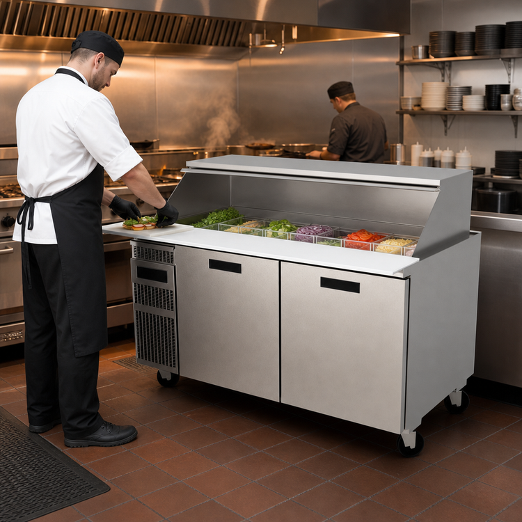 Product image #3 for Randell 60-Inch High Heat Refrigerated Mega-Top Sandwich Prep Table / Breading Table, 2-Section, 9.8 Cu. Ft., Side-Mounted Self-Contained Refrigeration