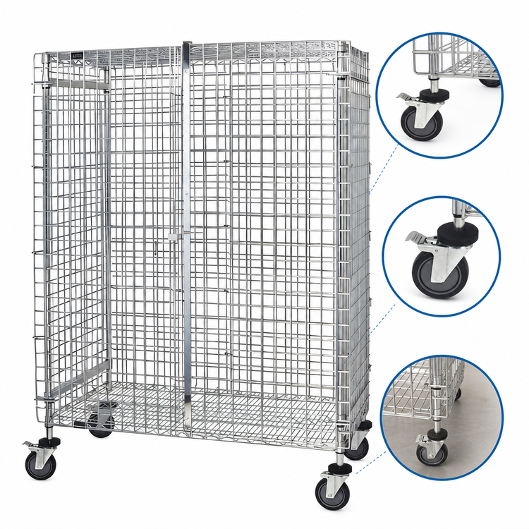 Product image #3 for Quantum Mobile Security Cage with Panel Doors and Casters, Chrome Plated, 48W x 21D x 69H