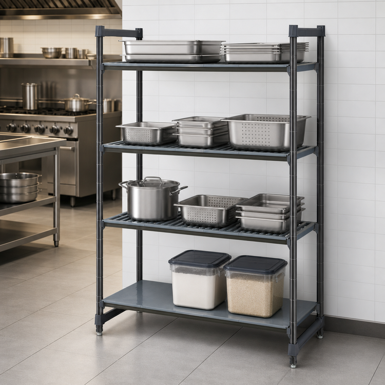 Product image #3 for Cambro Camshelving Basics Plus 4-Tier Stationary Starter Polymer Shelving Unit, 24 x 60 x 84 Inches, 3 Vented + 1 Solid, Brushed Graphite