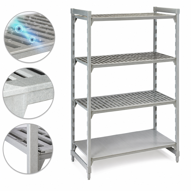 Product image #4 for Cambro Camshelving Premium 18-Inch Deep x 54-Inch Wide x 72-Inch High 4-Shelf Stationary Starter Polymer Shelving Unit, 3 Vented + 1 Solid